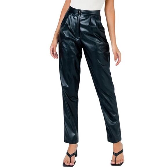 Princess Polly Pants - Princess Polly Love Club Black Pleated Faux Leather Pants High Rise Size 6